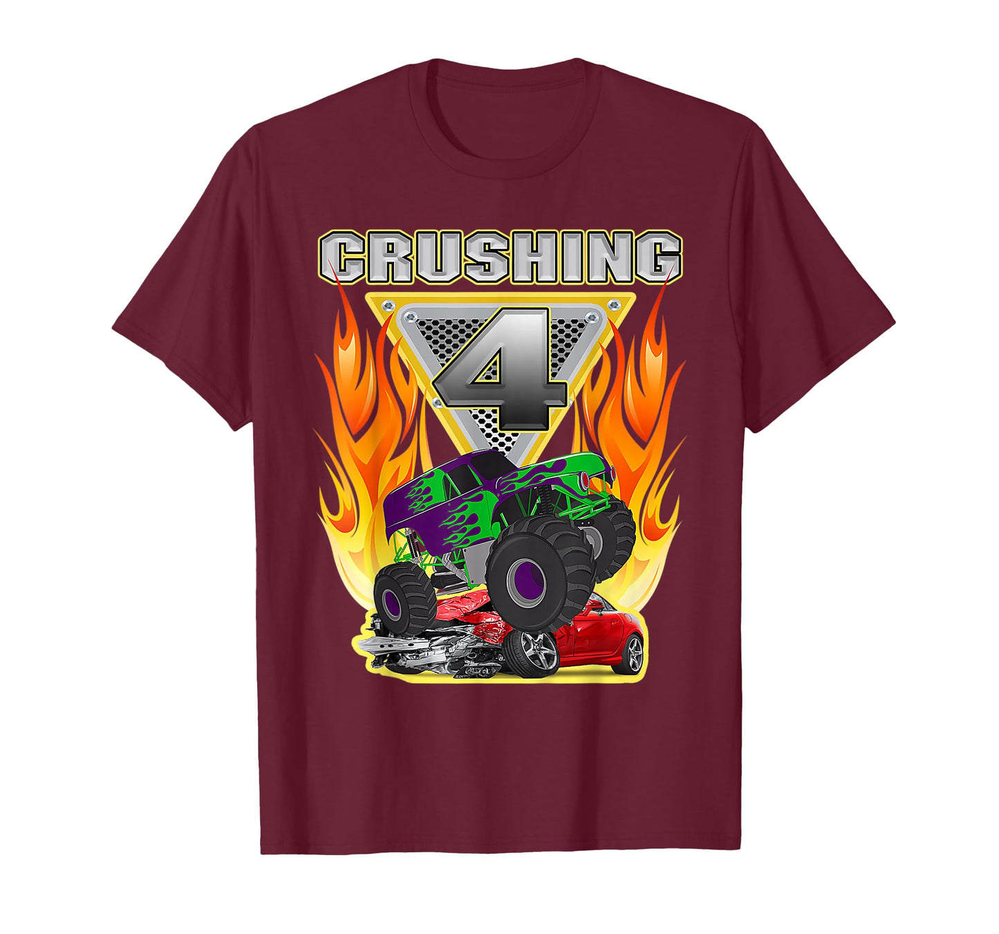 Monster Truck Crushing being 4 four Years Old 4th Birthday T-Shirt