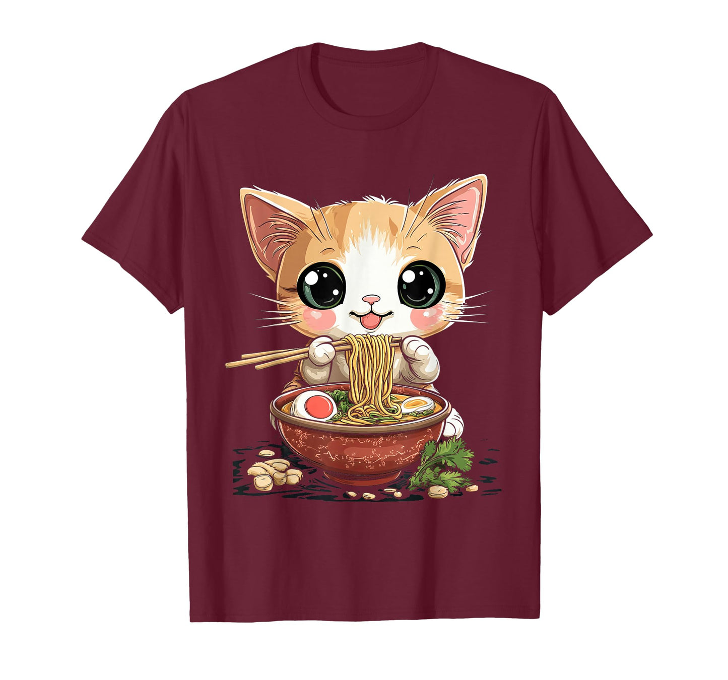 cute cat eating ramen noodles anime kawaii T-Shirt