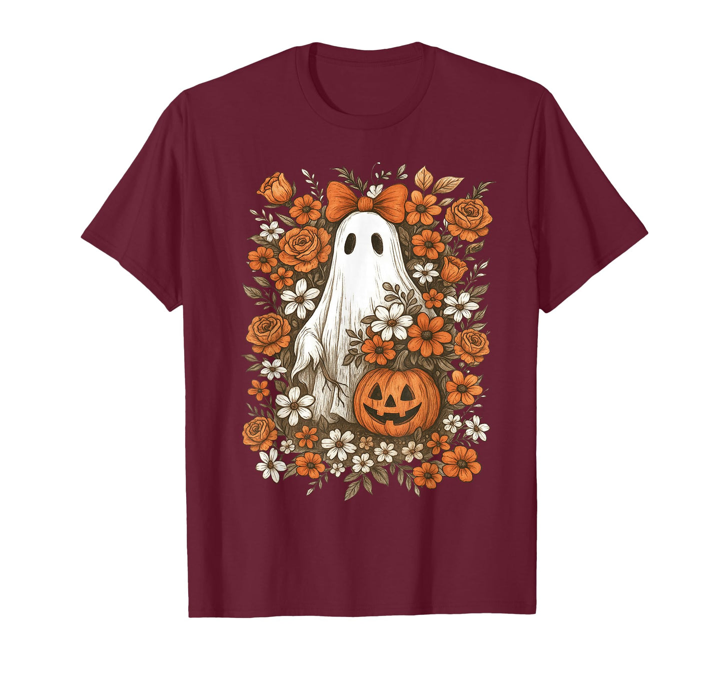 Retro Floral Ghost Cute Pumpkin Autumn Halloween Women Kids T-Shirt