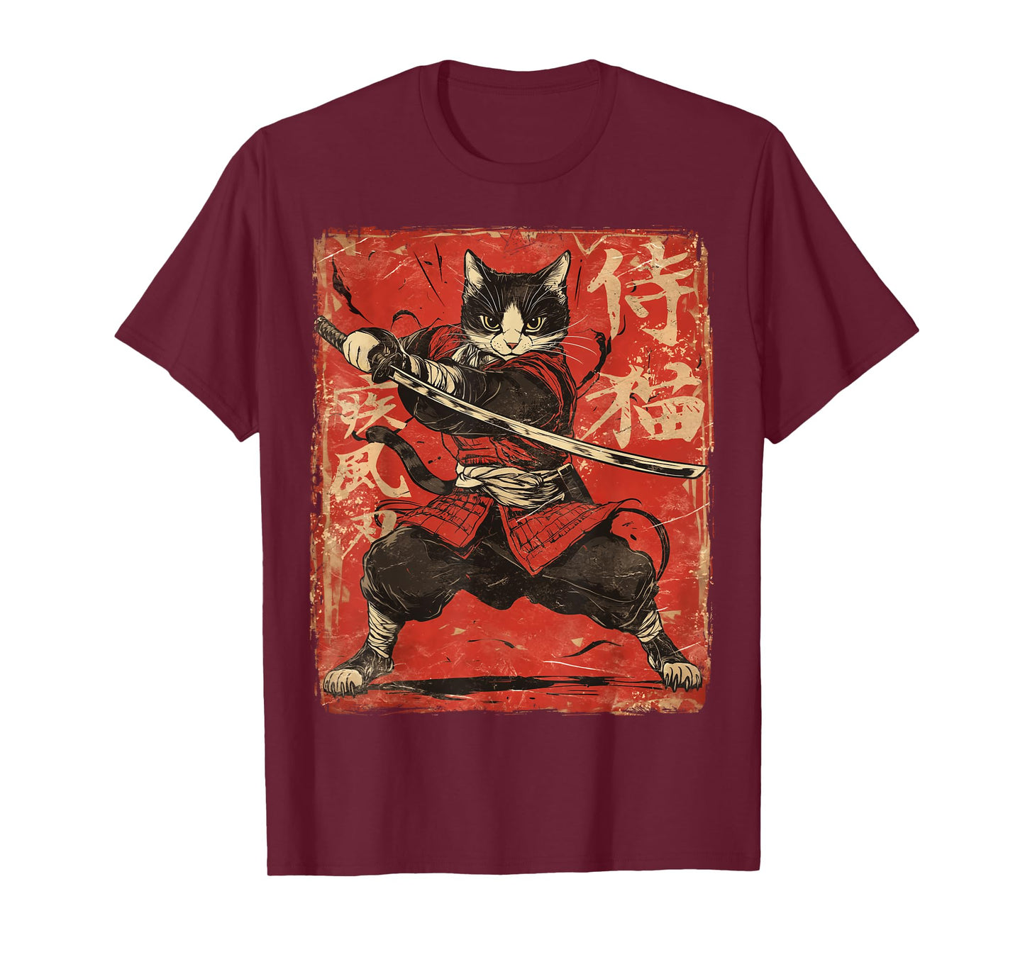 Samurai Cat Japanese Vintage Red Graphic Ukiyo-e Art Funny T-Shirt