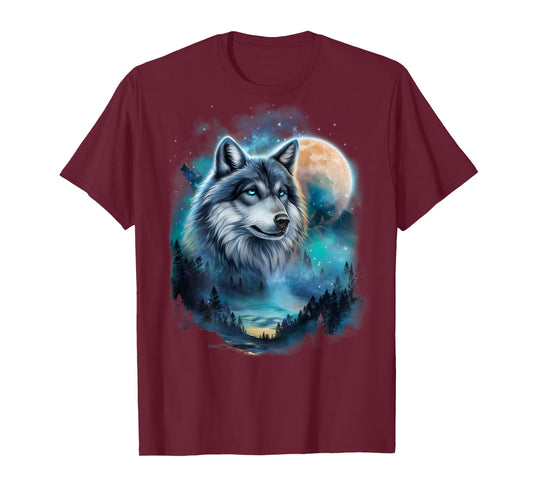 Majestic Wolf Under Moonlit Forest Sky T-Shirt