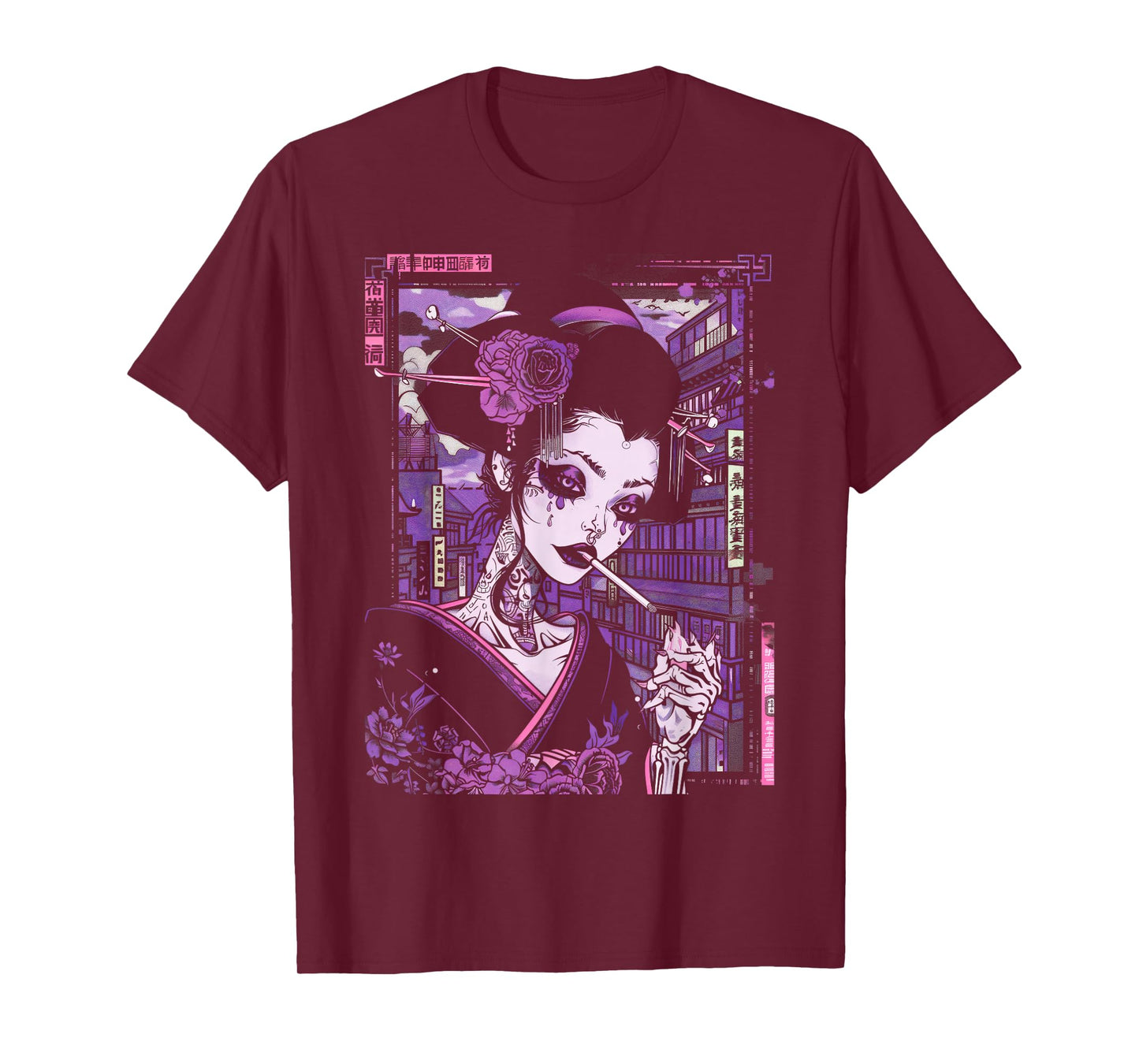 Anime Japanese Goth Cyberpunk City Geisha Purple Art Vintage T-Shirt