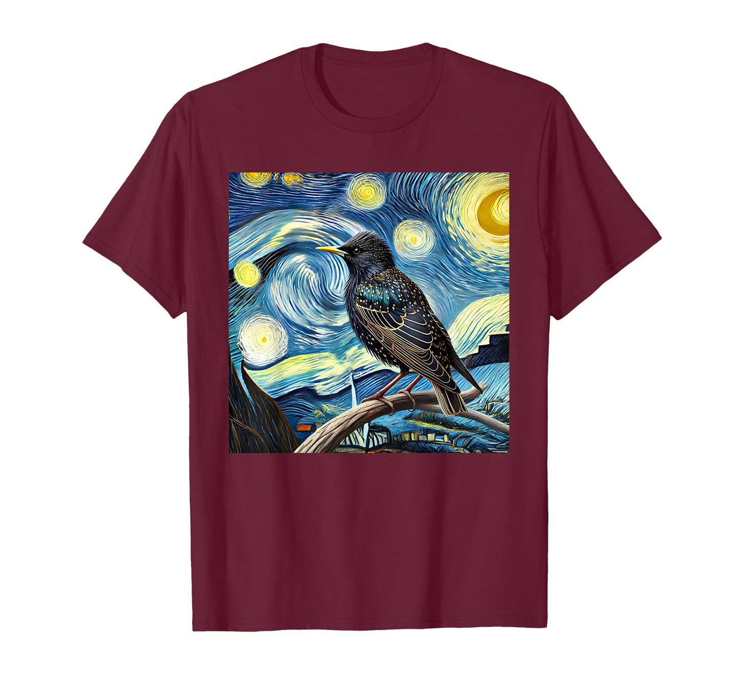 Common Starling Lover Bird Watching Birding Starry Night Art T-Shirt