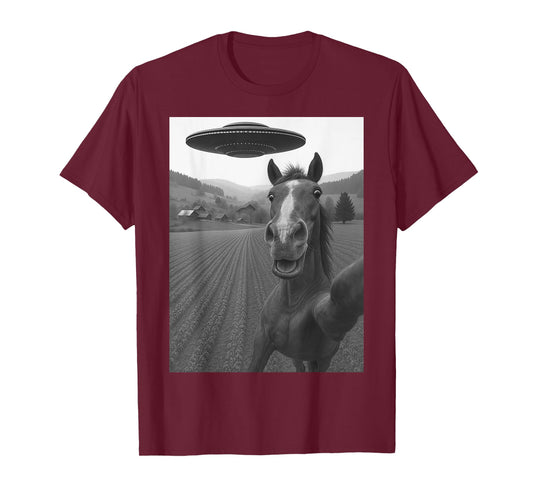 Horse Selfie with Alien UFO Funny Gifts for Men Women Kid T-Shirt