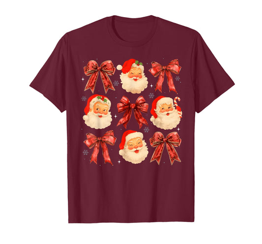 Retro Coquette Bows Santa Claus Face Christmas Women Girl T-Shirt