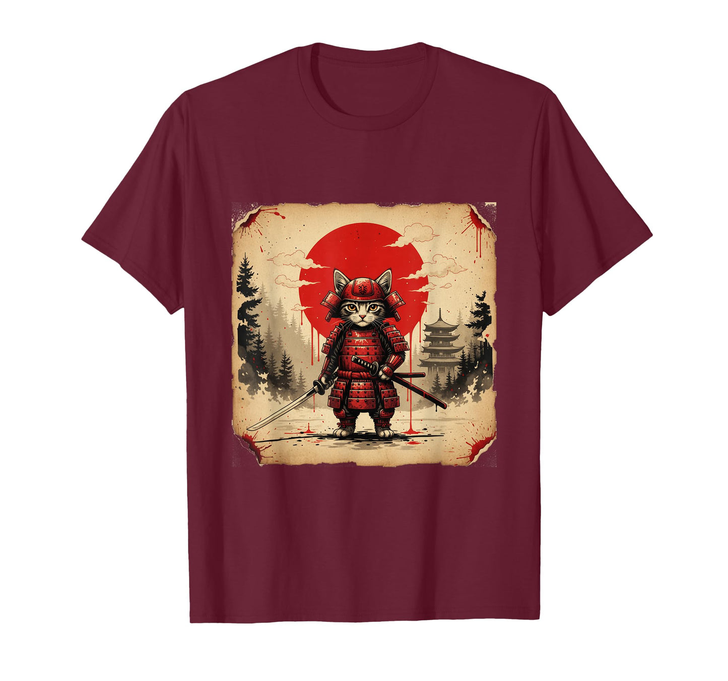 Samurai Cat Warrior Japanese Parody Anime Art T-Shirt