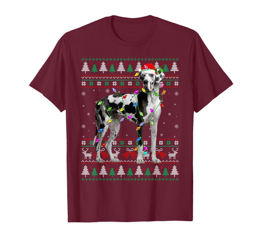 Great Dane Harlequin Dog Christmas Ugly Sweater Lights Xmas T-Shirt