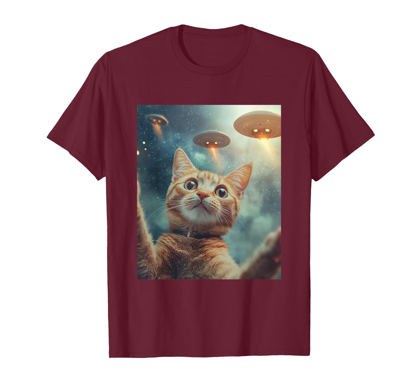 Cat Selfie with UFOs Aliens Kitten Funny Graphic T-Shirt for Men Women Kids