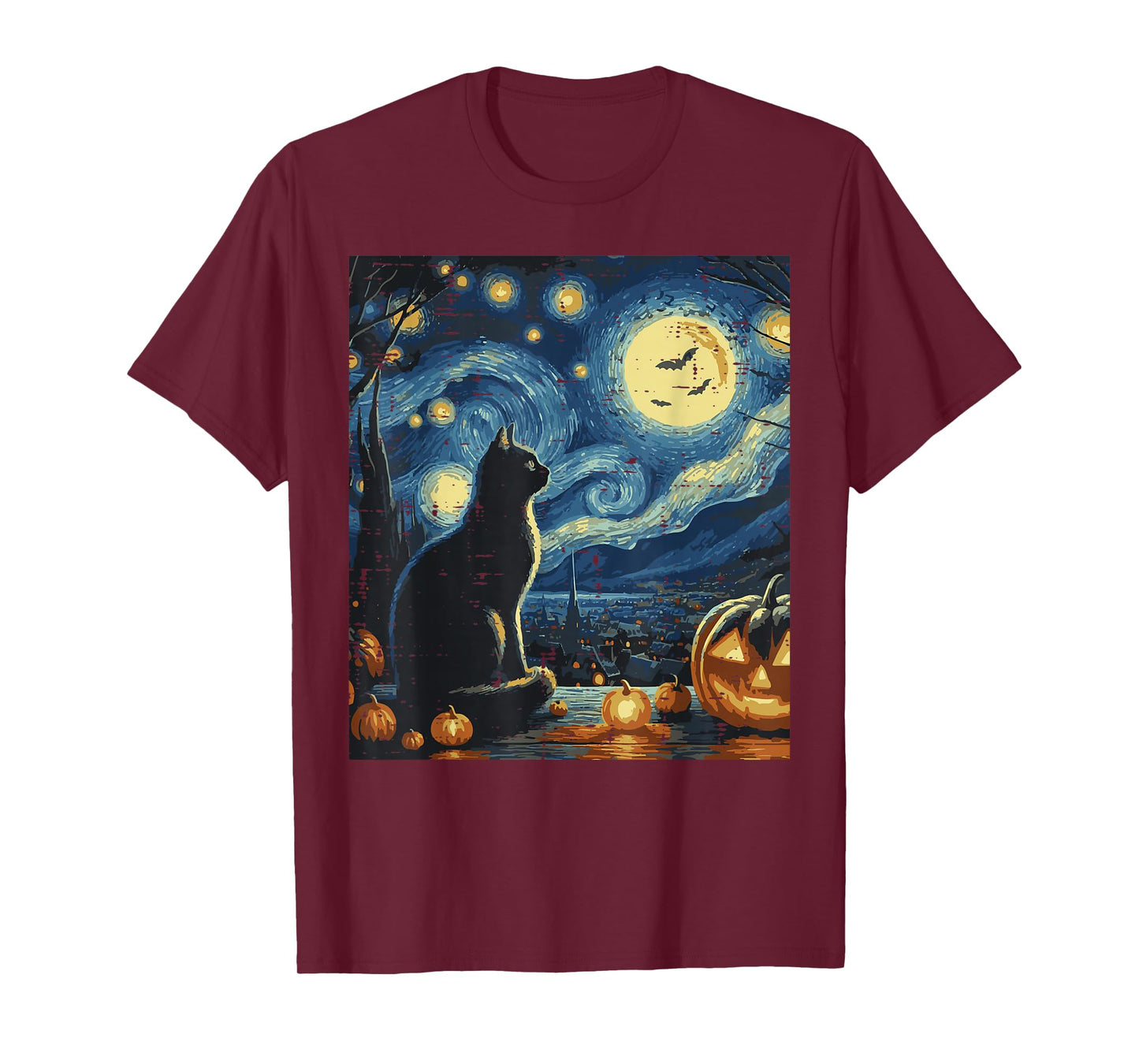 Halloween Cat Starry Night Funny Costume Art Women Men Kids T-Shirt