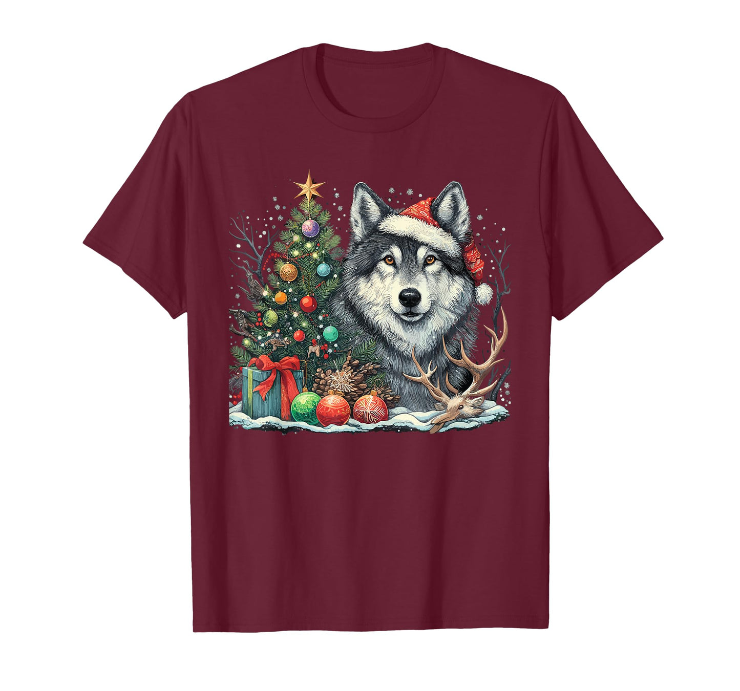 Cute Wolf With Christmas tree Wearing Santa Hat T-Shirt