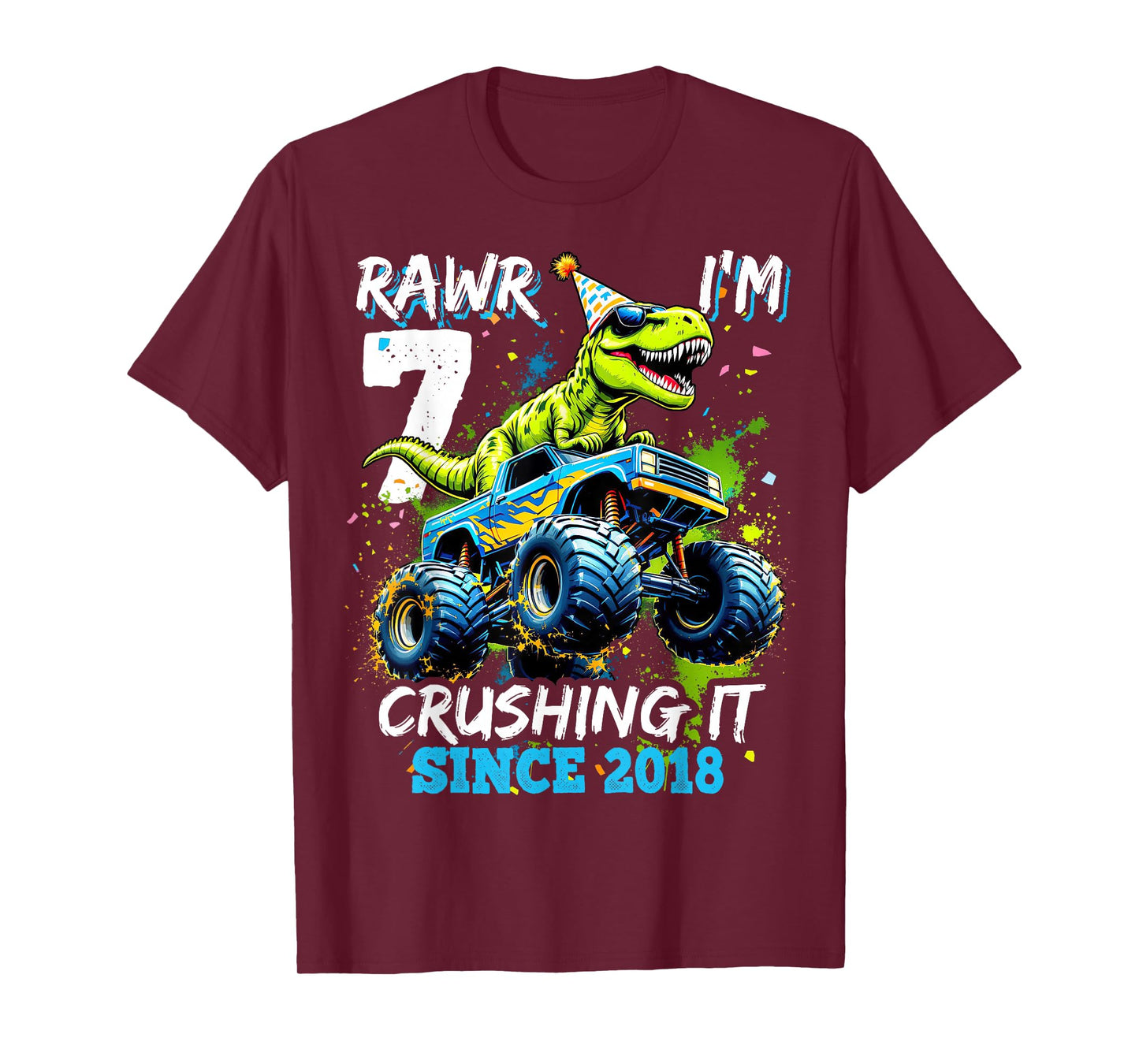 7th Birthday Monster Truck Dinosaur Party Boys Rawr I'm 7 T-Shirt
