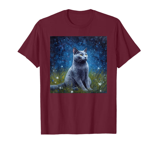 Cute Russian Blue Cat In A Starry Sky Night Painting T-Shirt