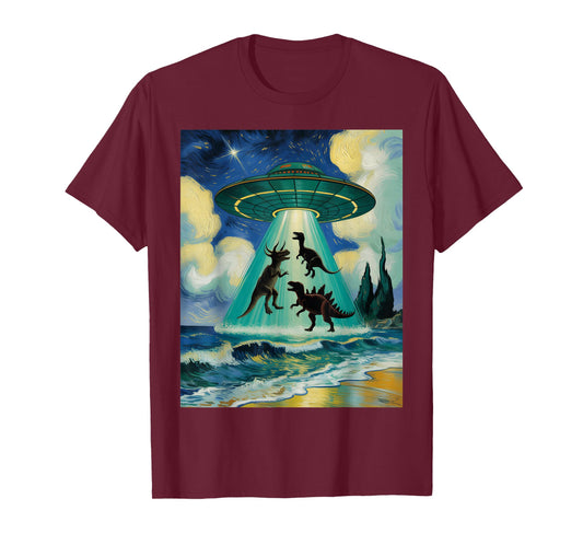 Starry Night Alien UFO Abduction Dinosaurs Van Gogh Art T-Shirt