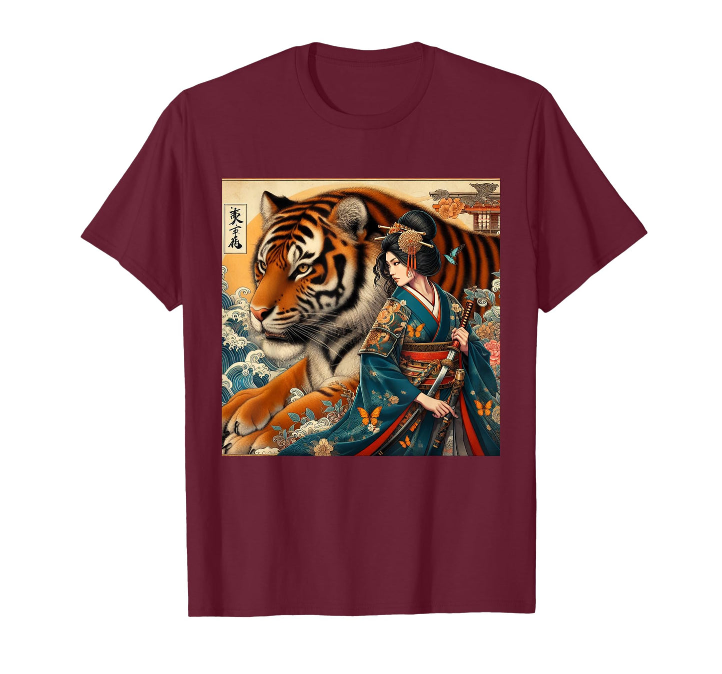 Samurai Girl Fighting Giant Tiger Traditional Japanese Art T-Shirt