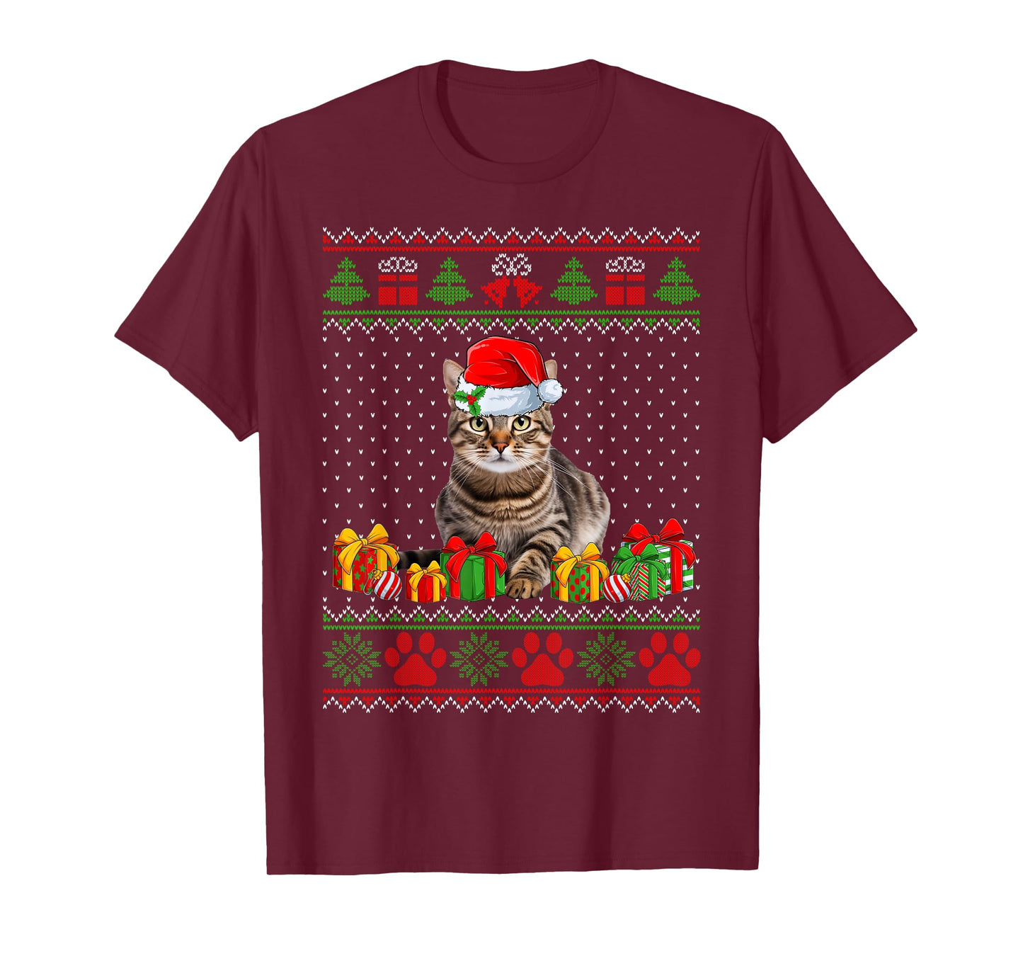 Funny Tabby Cat Santa Hat Ugly Christmas Sweater Xmas PJS T-Shirt for Men Women Kids