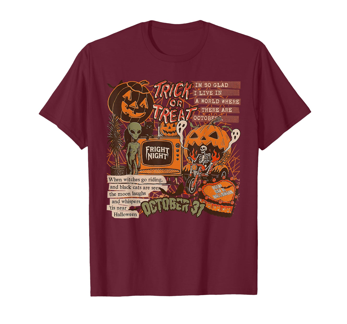 Fright Night Halloween Skeletons Aliens Pumpkins Black Cats T-Shirt