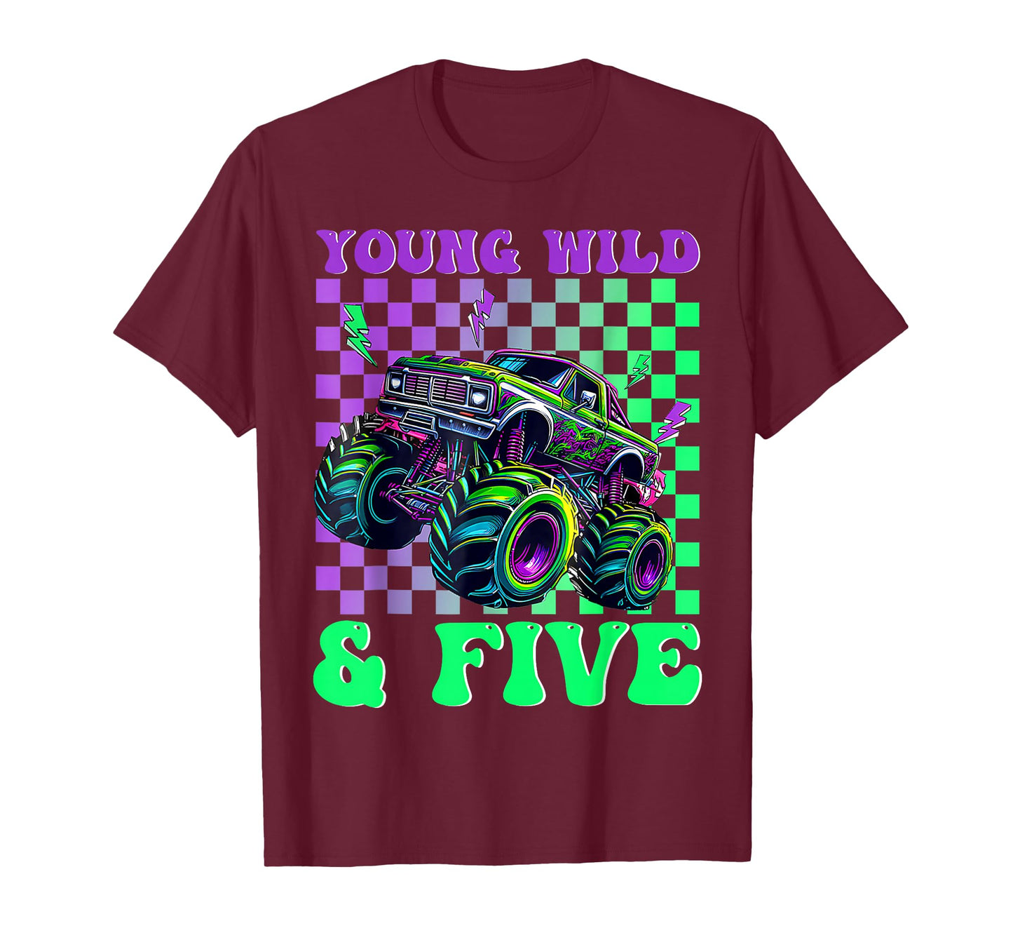 Kids 5th Birthday Boy Monster Truck Young Wild and Five T-Shirt