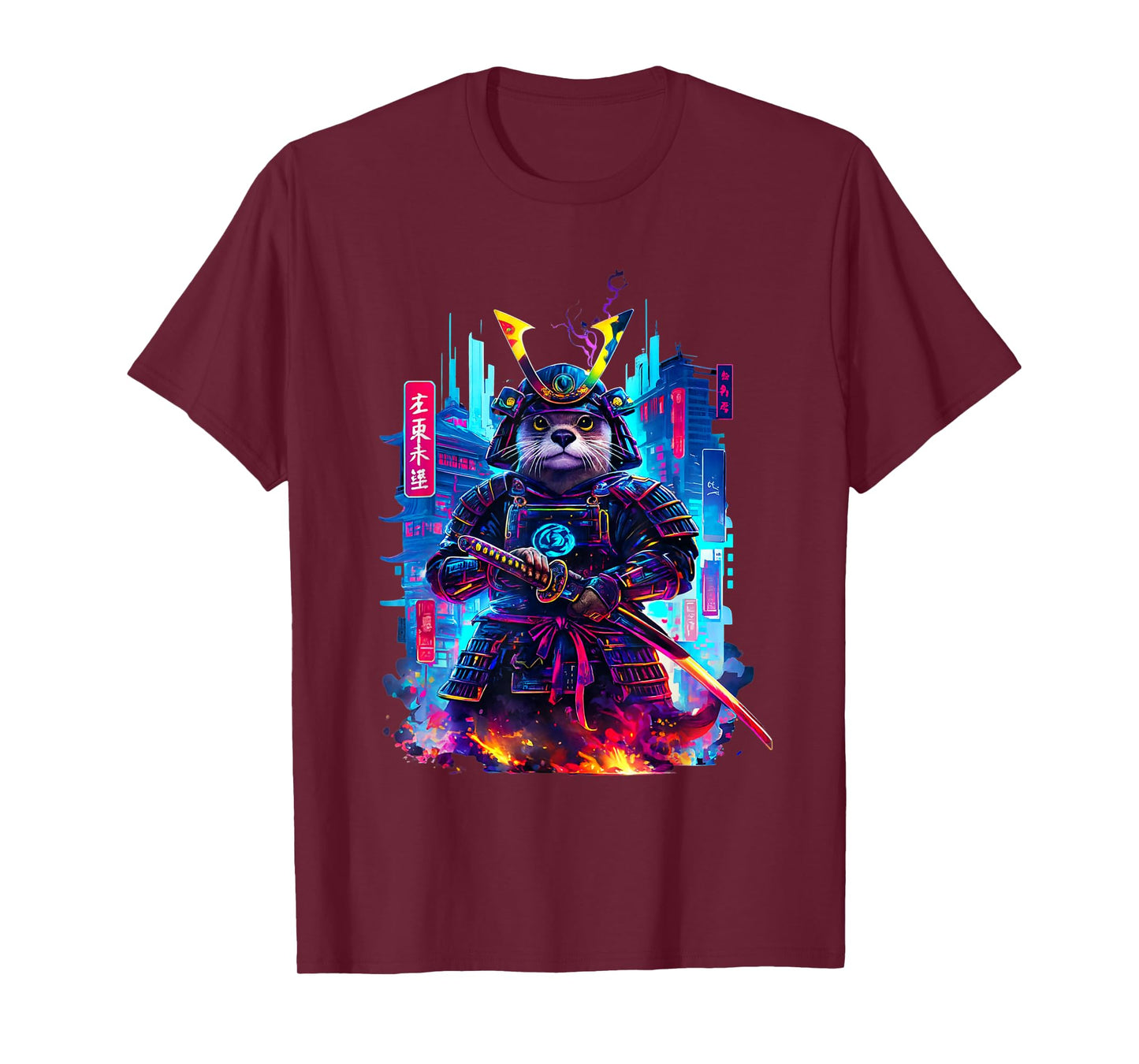 Otter Katana Cyberpunk Neon Samurai Japanese Art T-Shirt
