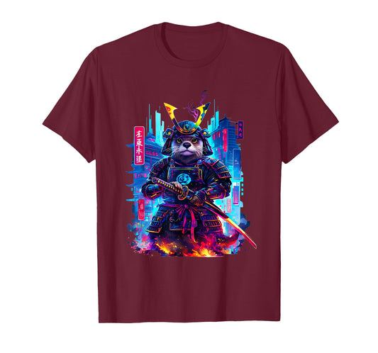 Otter Katana Cyberpunk Neon Samurai Japanese Art T-Shirt