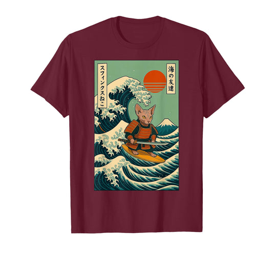 Sphynx Cat Samurai Surfing Japanese Wave T-Shirt