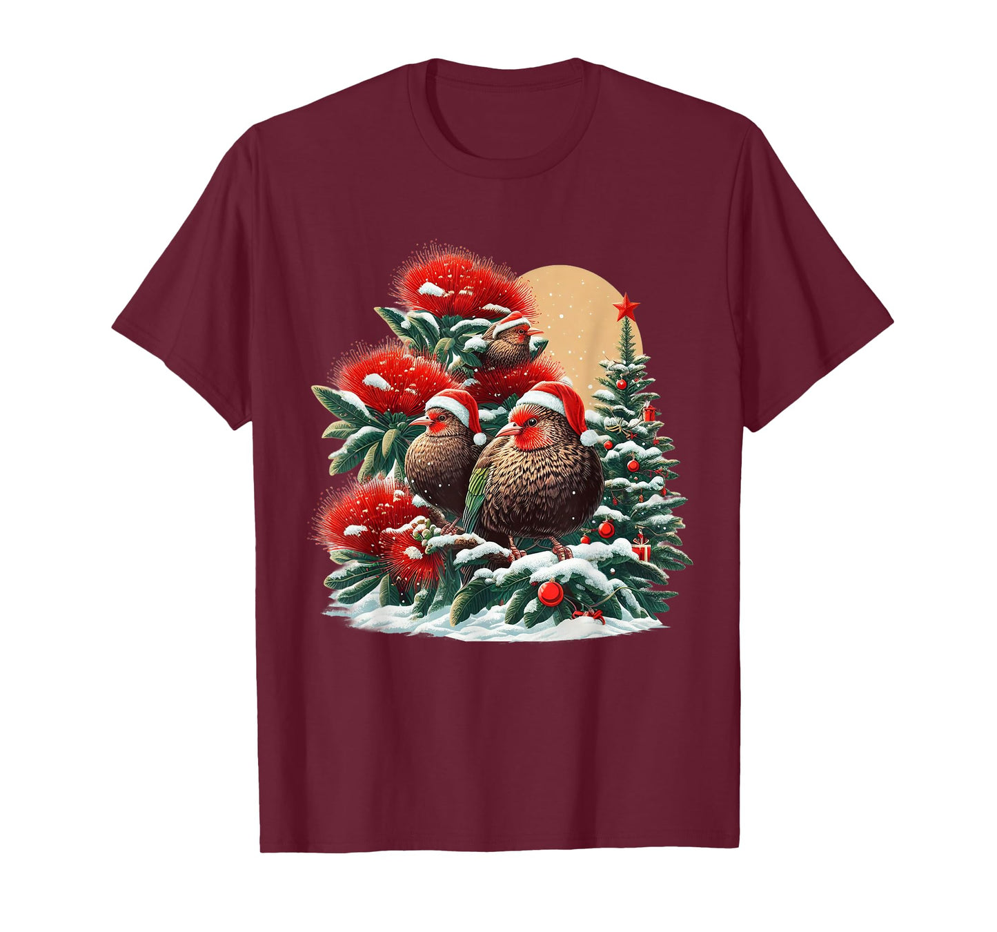 Christmas Pohutukawa Tree New Zealand Kiwi Birds Santa Hat T-Shirt