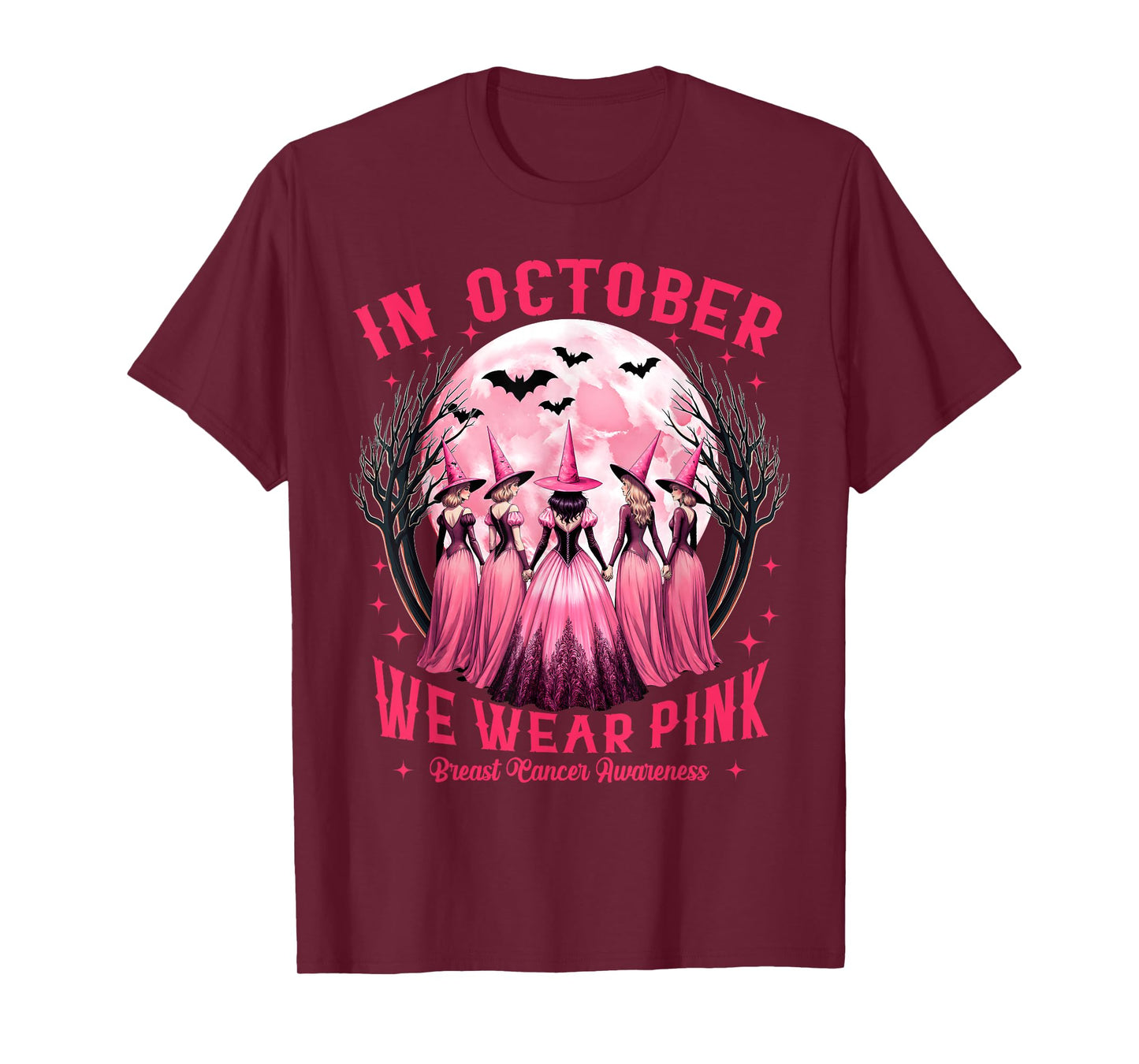 in October We Wear Pink Witch Halloween Breast Cancer Women T-Shirt