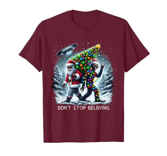 Believe Funny Alien and Santa Christmas Design T-Shirt