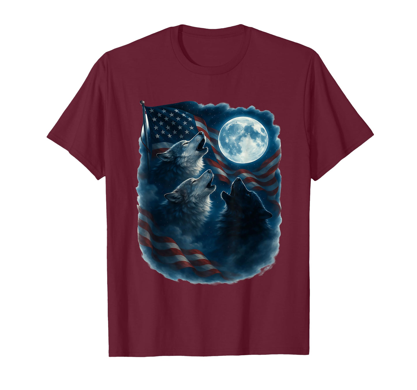 3 Wolf Howling At The Moon US Flag Wildlife Wolves Lovers T-Shirt