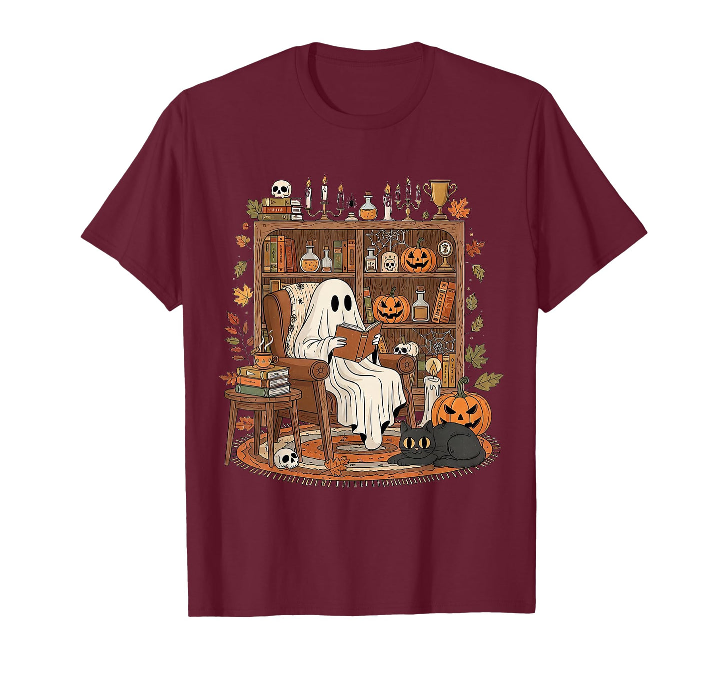 Retro Cozy Ghost Reading Bookish Librarian Halloween T-Shirt