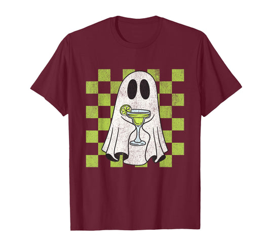 Retro Halloween Ghost Drinking Margarita Spooky Season Gift T-Shirt