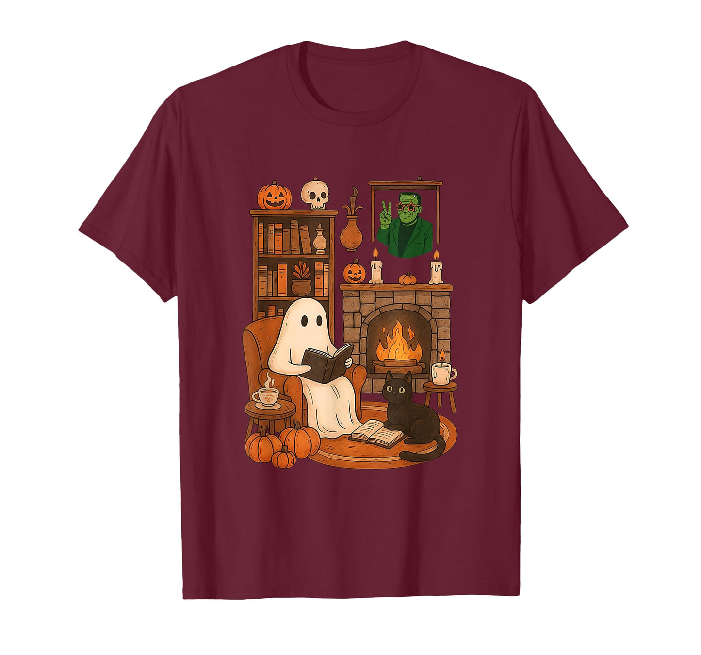 Retro Halloween Cozy Ghost Reading Book by 90s Frankenstein T-Shirt