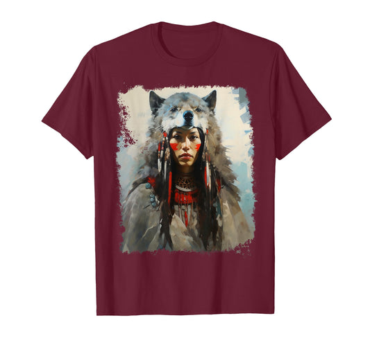Native Indian Woman Tribe Wolf T-Shirt