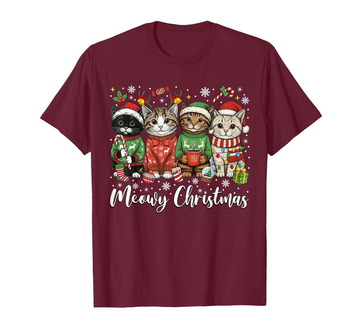 Cute Cats Meowy Christmas Light Santa Hat Merry Catmas Xmas T-Shirt