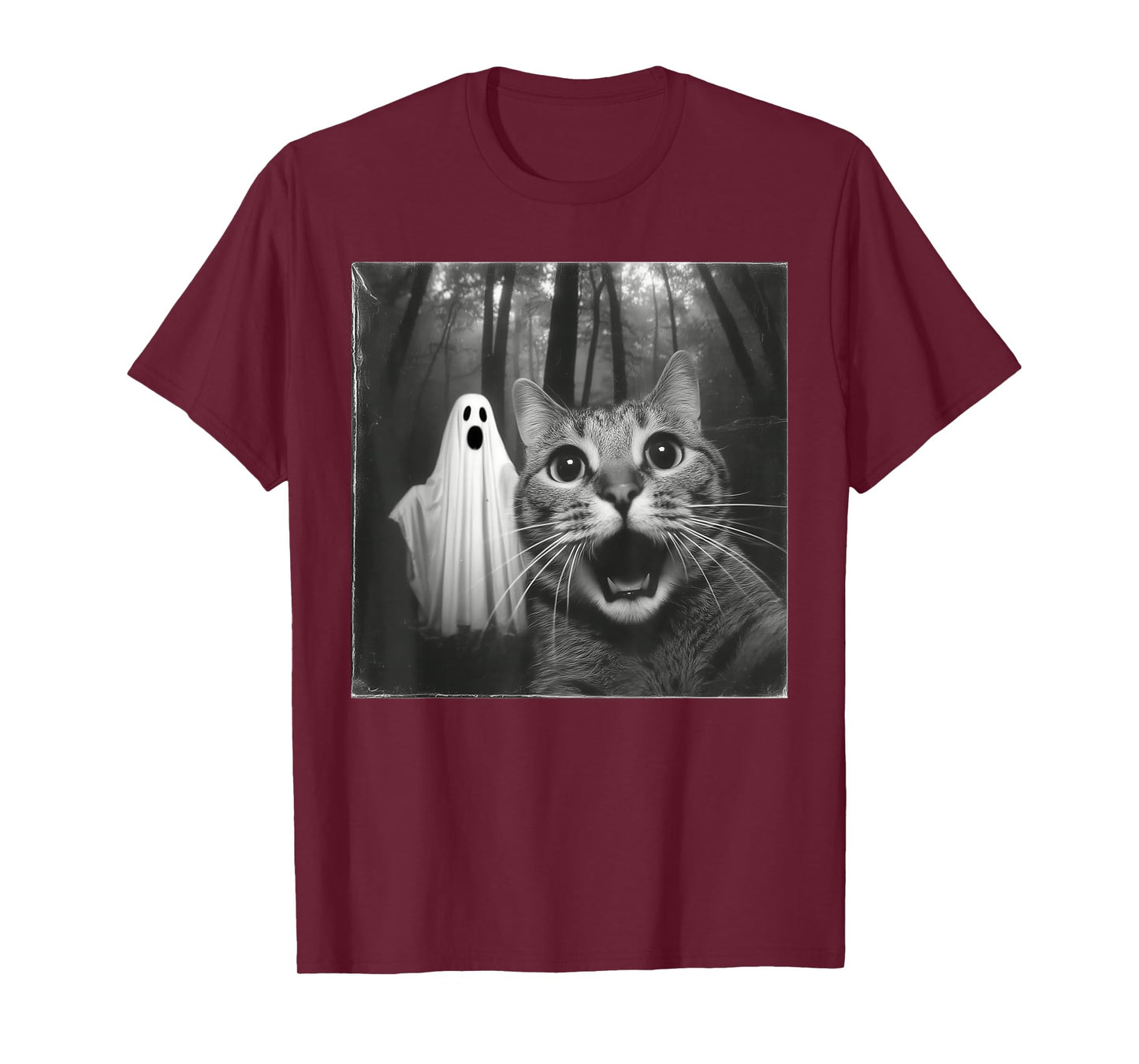 Funny Surprised Scared Cat Selfie with Ghost Halloween Lover T-Shirt