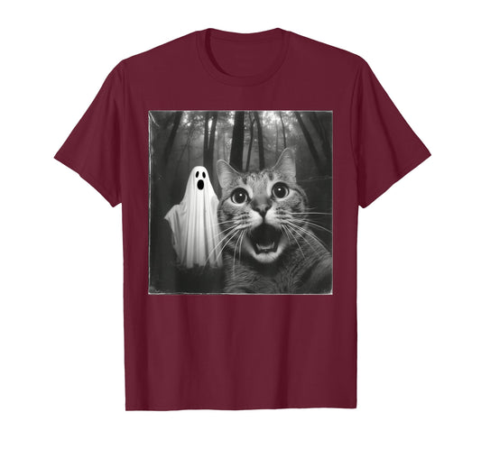 Funny Surprised Scared Cat Selfie with Ghost Halloween Lover T-Shirt