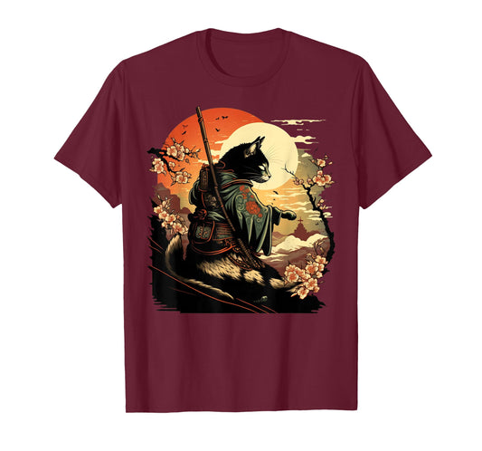 Japanese Art Cat Ninja Ukiyo-e Anime Style Samurai Cat T-Shirt