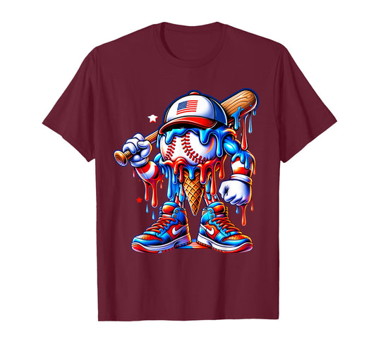 4th of July Red White and Blue Baseball Ice Cream Drip Boys T-Shirt