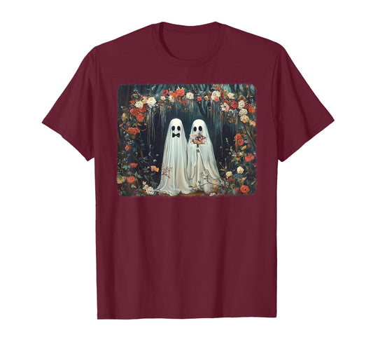 Halloween Floral Ghost Just Married Wedding Groom Bride T-Shirt
