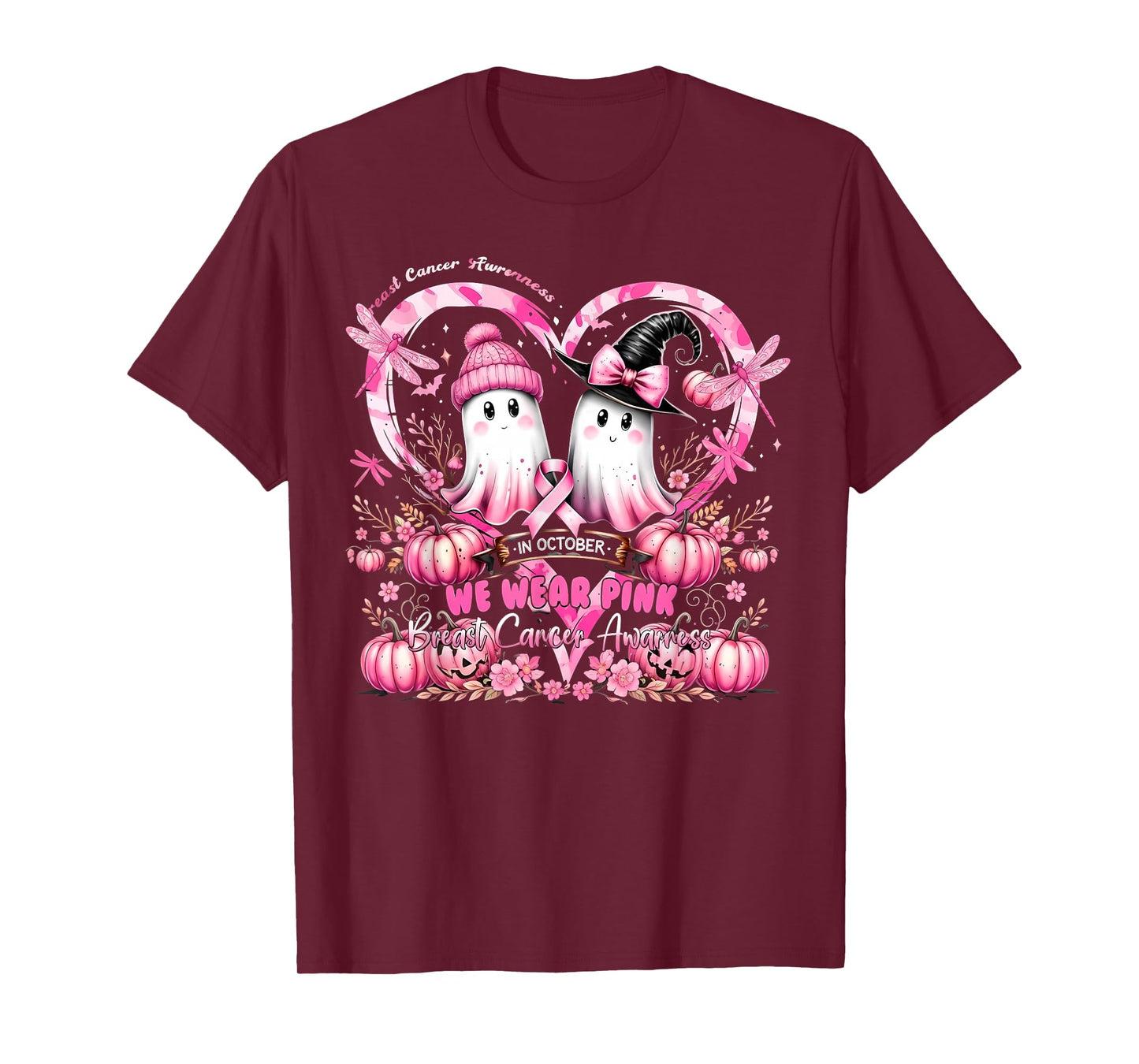 in October We Wear Pink Breast Cancer Heart Dragonflies T-Shirt