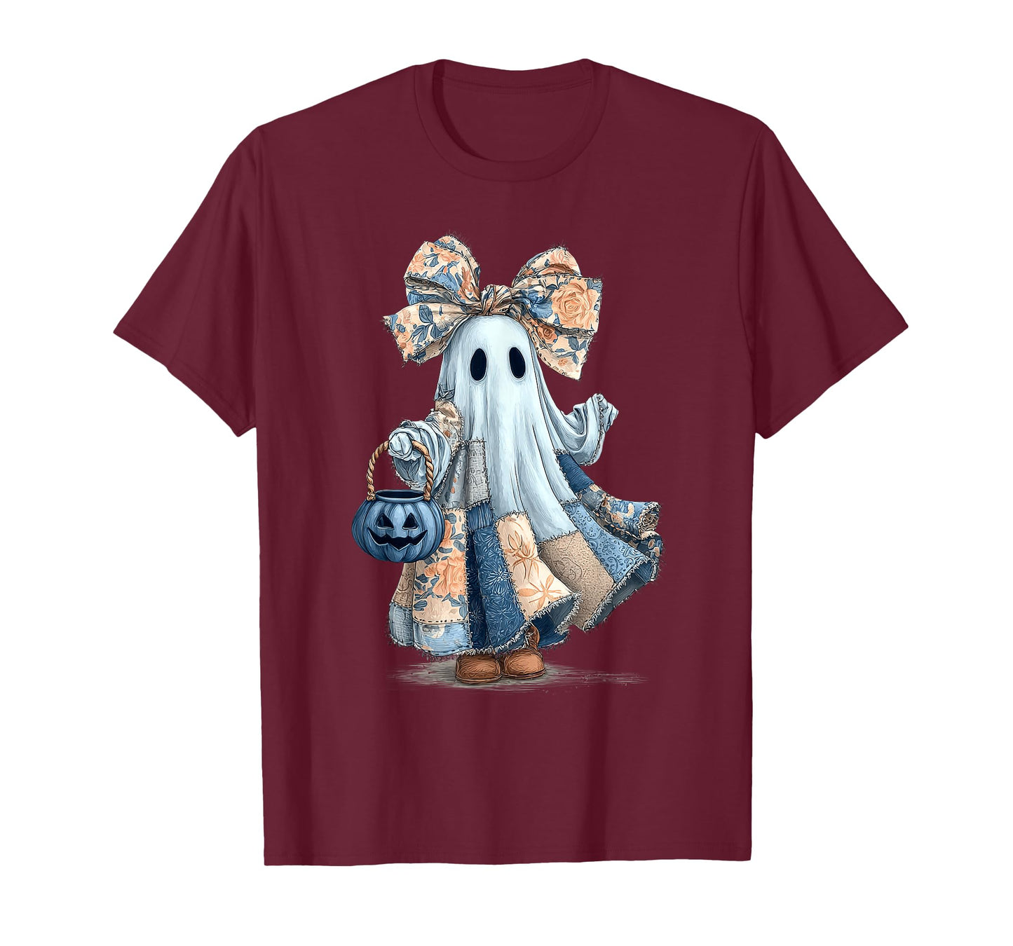 Blue Denim Patchwork Quilt Cute Boo Ghost Halloween T-Shirt