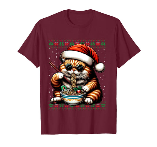 Christmas Cat Eating Ramen Ugly Christmas Sweater Long Sleeve T-Shirt