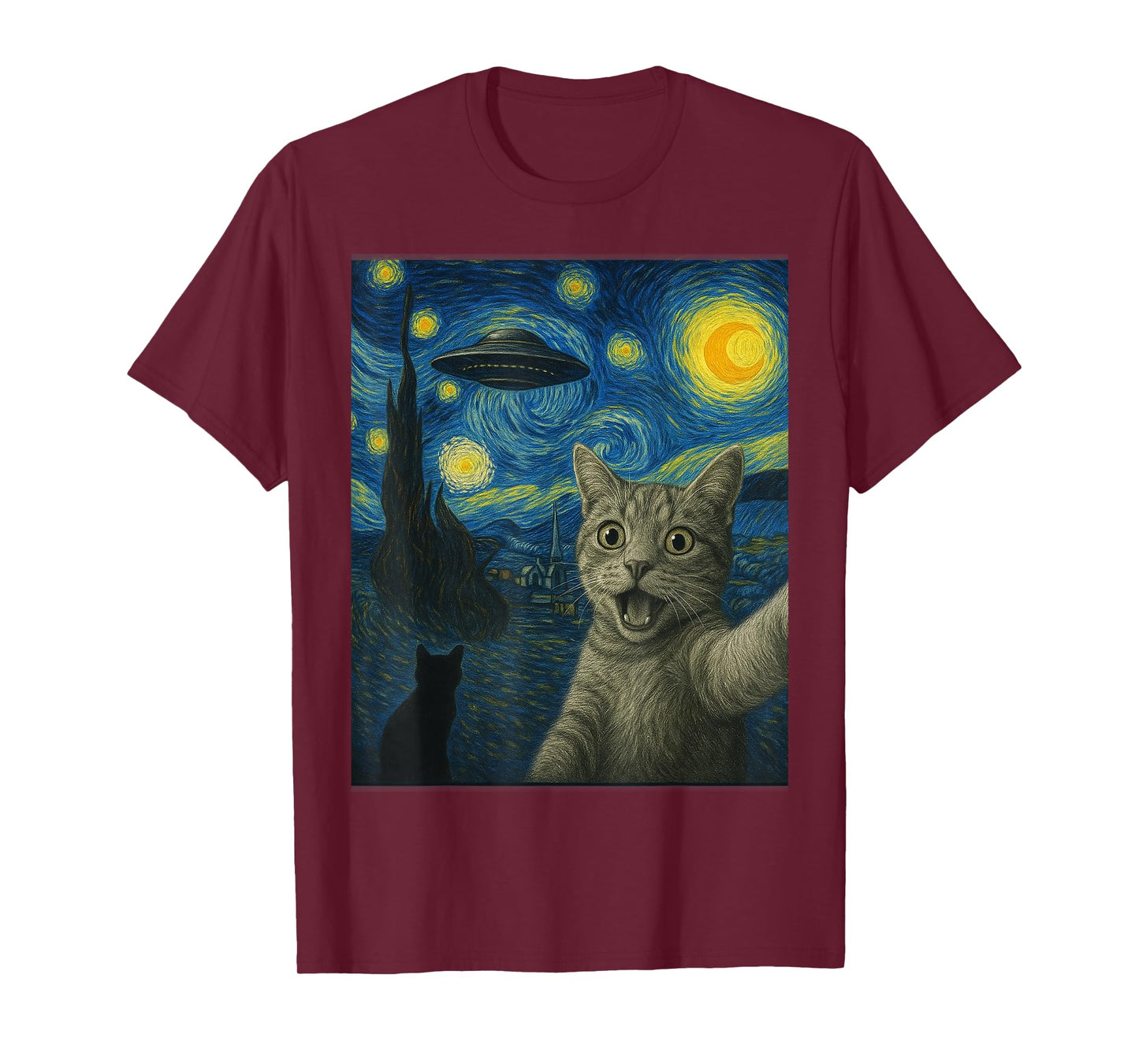 Cat Selfie With Alien UFO Cat Starry Night Van Gogh Cat T-Shirt