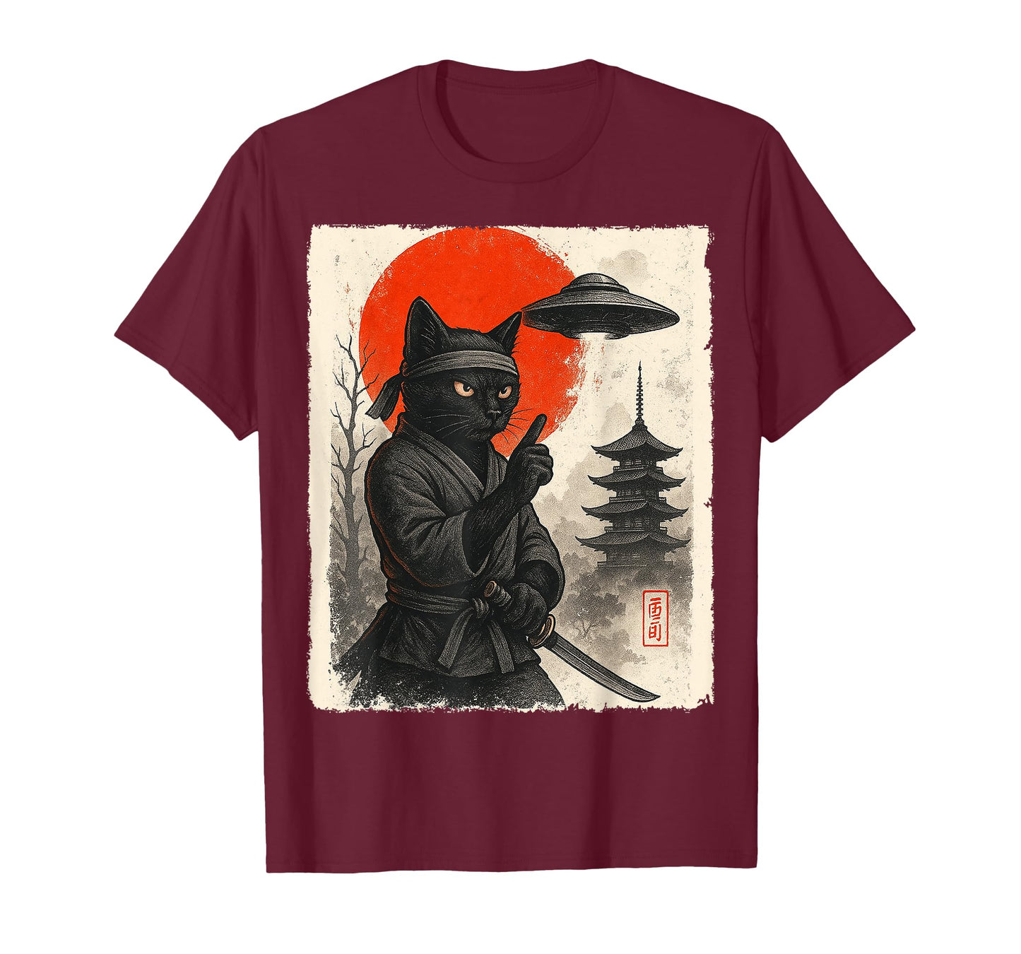 Samurai Ninja Cat Warrior UFO Japanese Anime Gifts Funny Cat T-Shirt