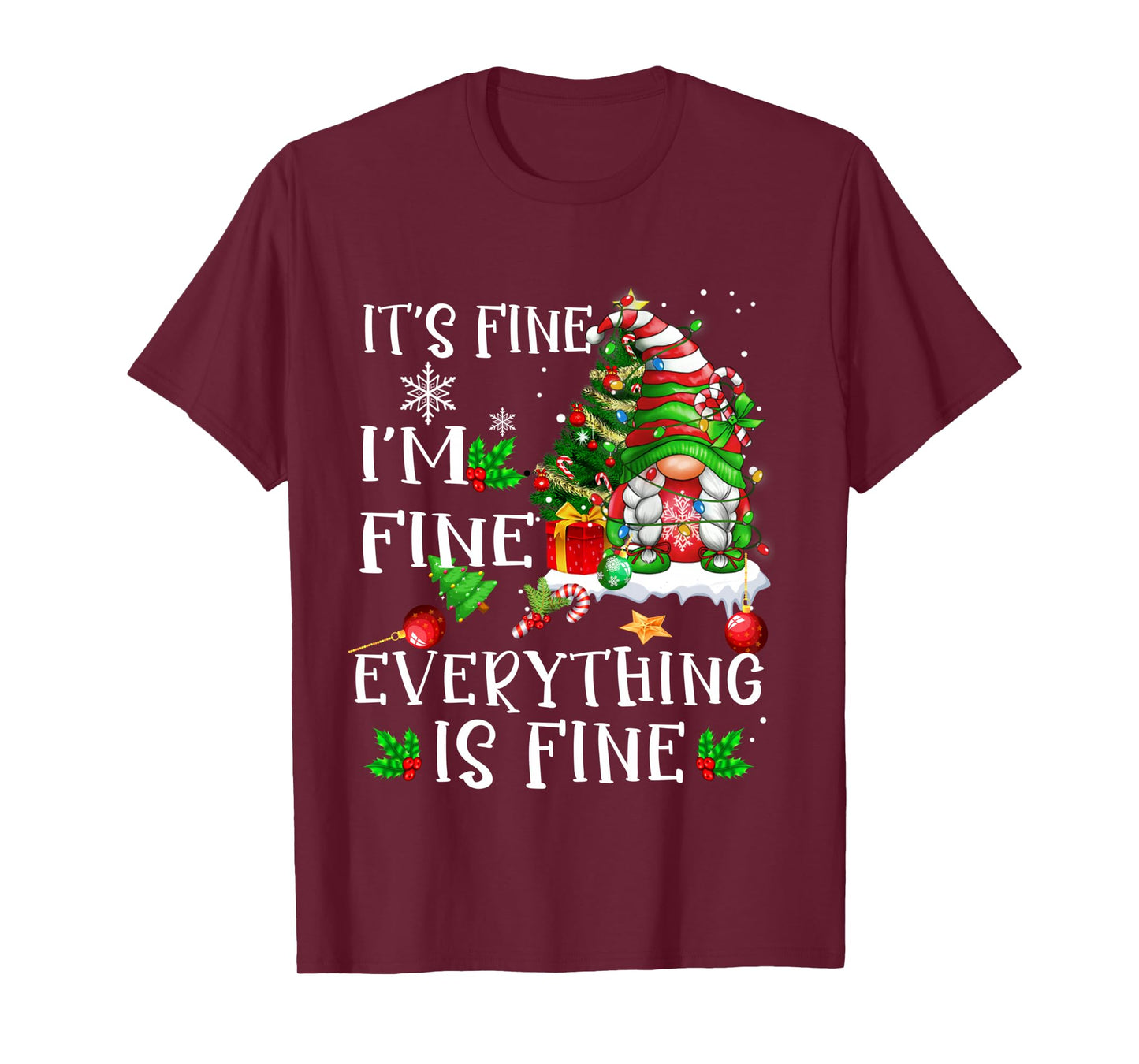 It's Fine I'm Fine Everything Is Fine Funny Gnome Xmas light Long Sleeve T-Shirt