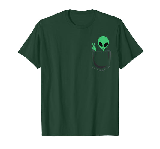 Cute Little Alien In Pocket Peace Sign Universe UFO T-Shirt