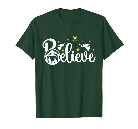 Christian Christmas Believe Jesus Nativity Scene XMAS Faith T-Shirt