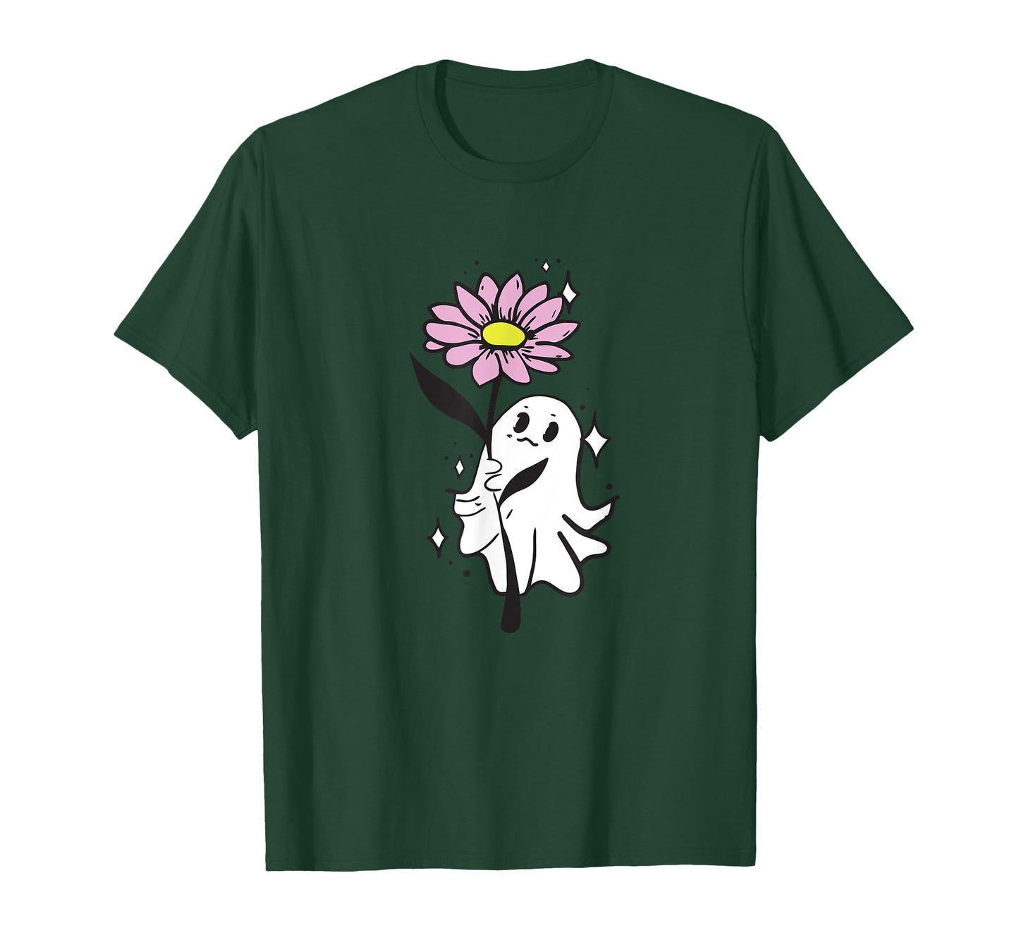 Cute Ghost Holding Flower T-Shirt, Kawaii Ghost Graphic T-Shirt
