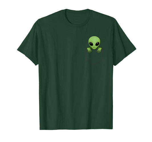 Funny Green Alien Head Peeking in Pocket UFO Men Women Kids T-Shirt