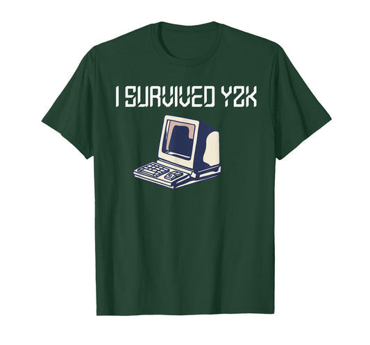 Retro 90s Computer Geek Tech Year 2000 Designs I Survived y2k Bug Millennium Glitch 1999 Funny Black Cotton Polyester T-Shirt