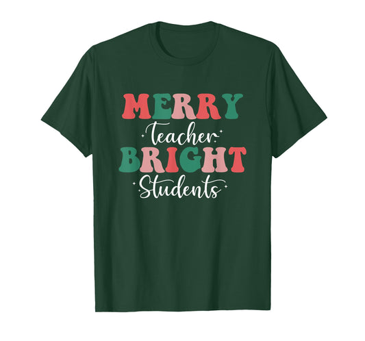 Retro Merry Teacher Bright Students Funny Christmas Teacher T-Shirt